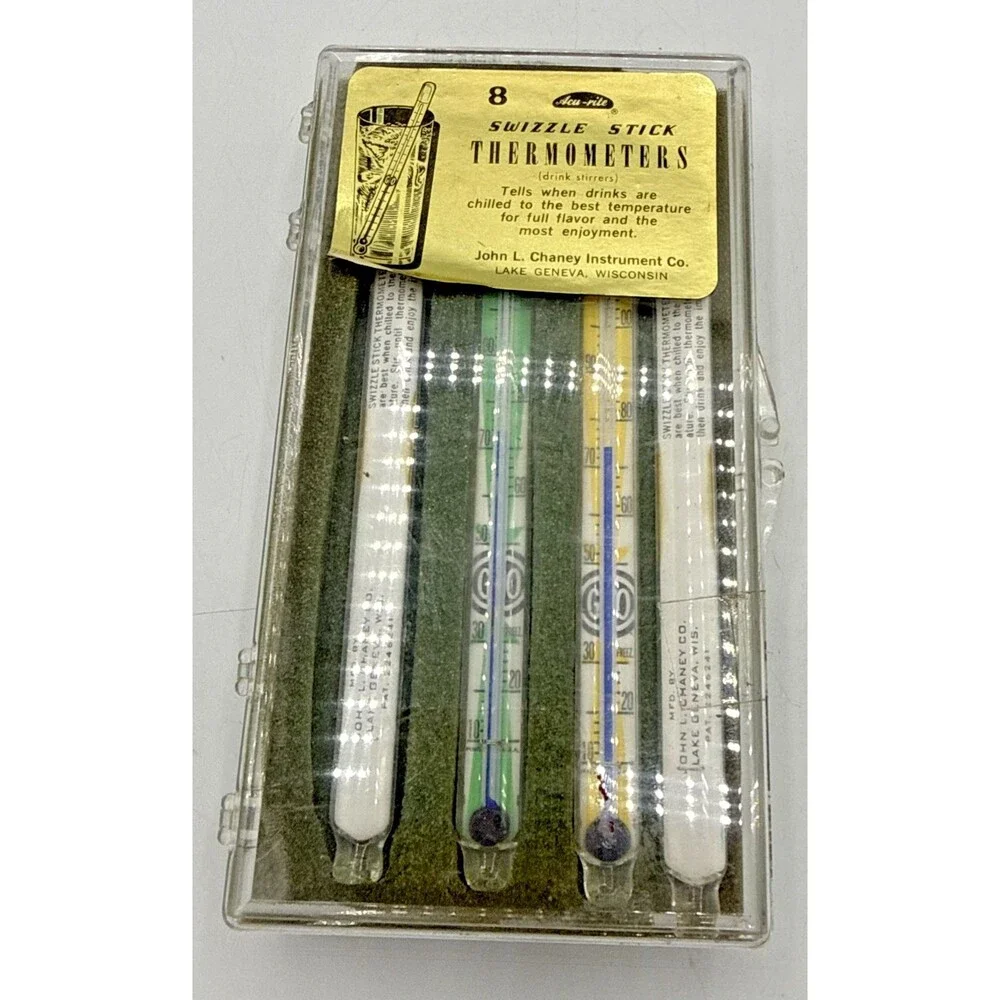 Vintage AcuRite Thermometers Swizzle Sticks Set Of 8 W/Original Box